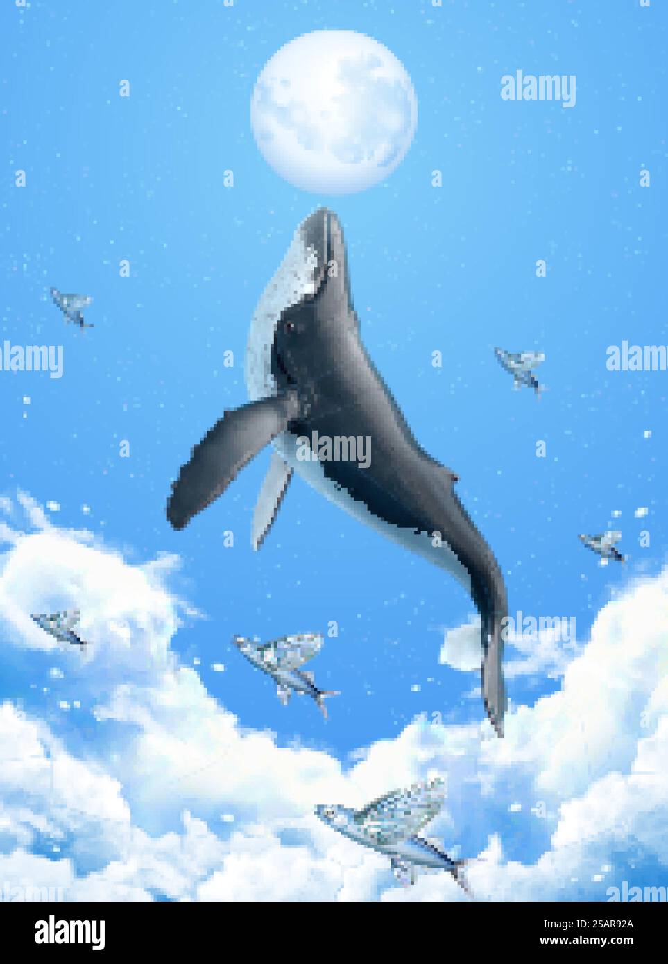 Surreale Szene, in der Buckelwale über Wolken brechen und den Silbermond erreichen, 3D-Illustration. Surreale Szene des Walbrechens Stock Vektor