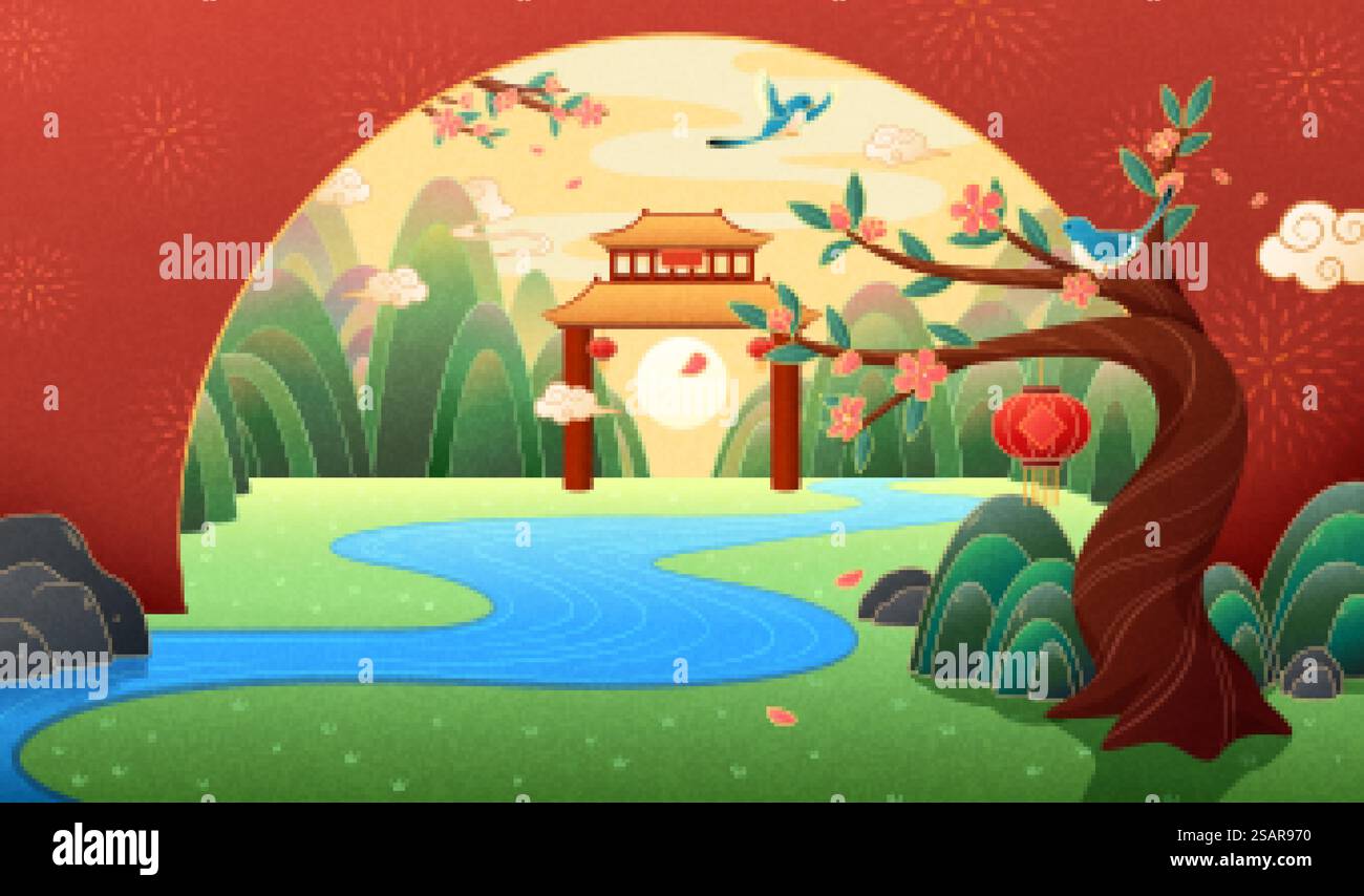 Chinesische Gartenlandschaft Illustration mit asiatischem Tor, Fluss, Bergen und Palmenblüte. Klassischer asiatischer Landschaftshintergrund Stock Vektor