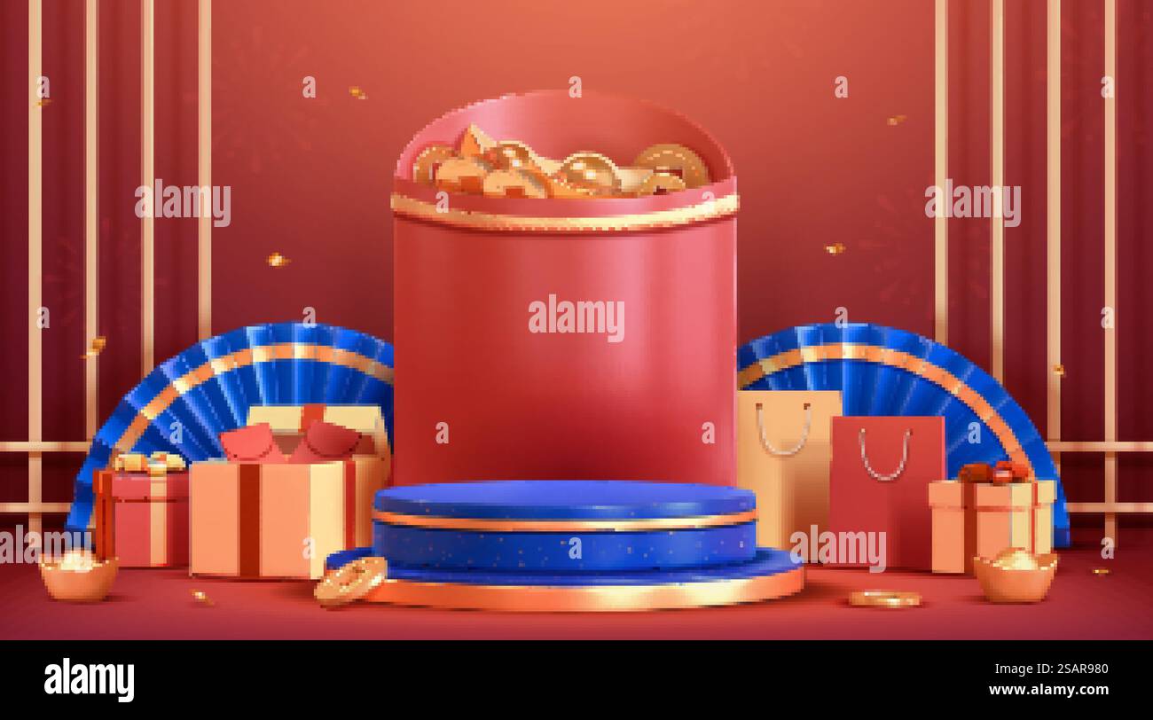 3D-Podium-Hintergrund für CNY. Wunderschöne blaue Bühne vor einem großen roten Umschlag mit Geschenkartikeln, die vor rotem Hintergrund abgelegt werden. 3D-Podium-Hintergrund für CNY Stock Vektor