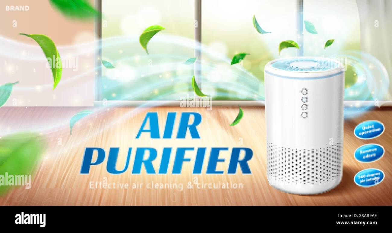 3D-Heim-Luftreiniger Anzeige. Frischluft strömt aus dem Luftfilter im Wohnzimmer. Anzeige für Haushaltsluftreiniger Stock Vektor