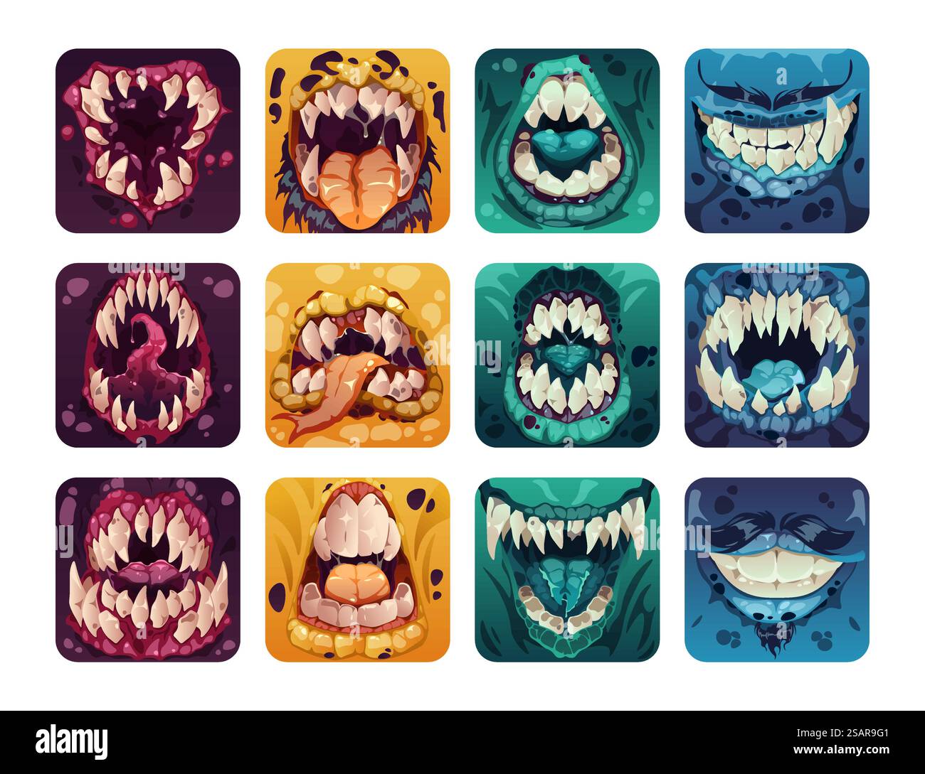 Scary Mouth Logo. Gruselige bunte Monster Zähne Cartoon Style, Comic Horror Alien Zombie Lächeln Zunge für Game Design GUI Elemente. Vektor-Fantasy-Set. Ungeheuerliche Gesichtsausdrücke, Hässlichkeit. Scary Mouth Logo. Gruselige bunte Monster Zähne Cartoon Style, Comic Horror Alien Zombie Lächeln Zunge für Game Design GUI Elemente. Vektor-Fantasy-Set Stock Vektor