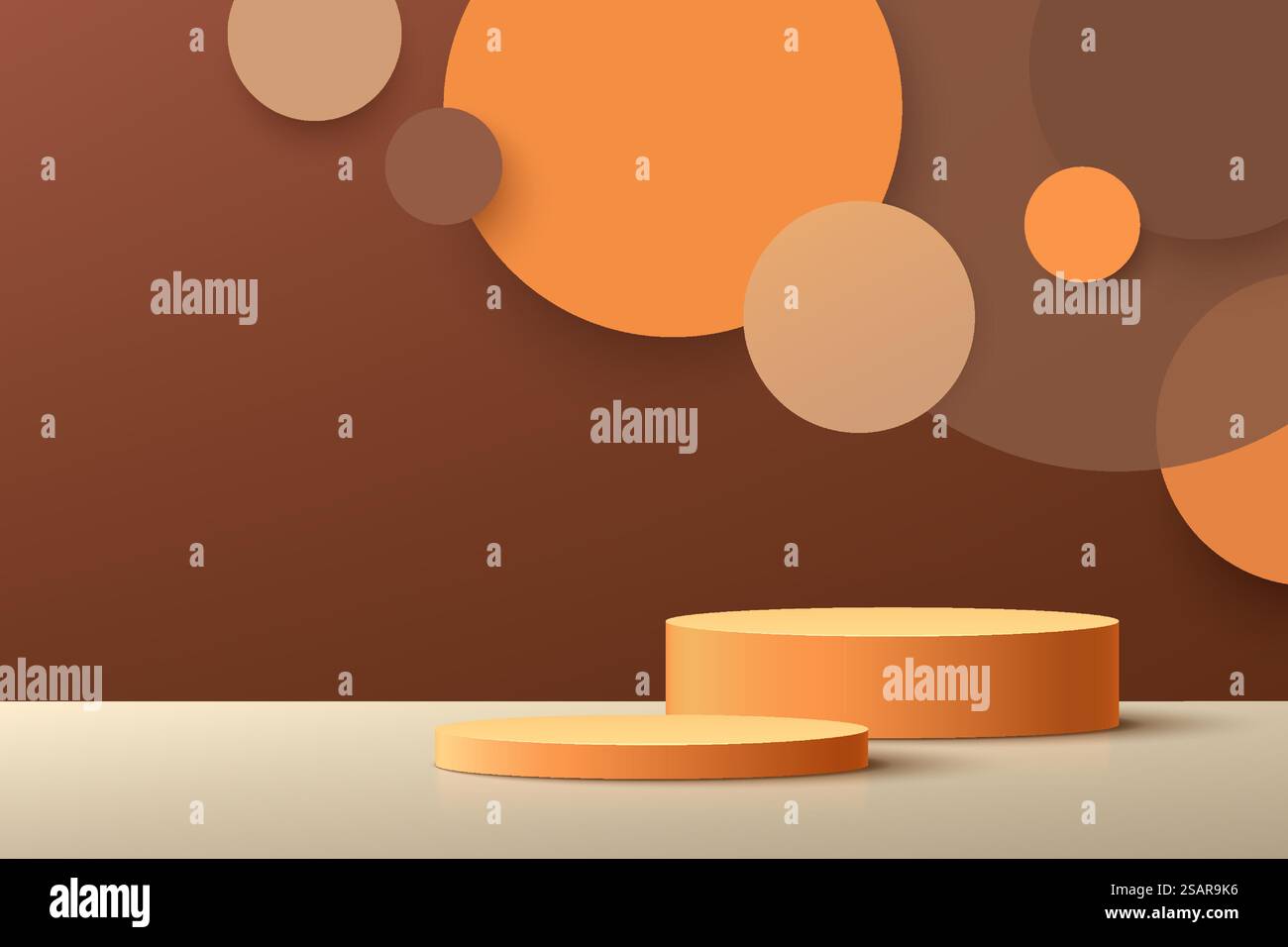 Abstraktes Podium mit dunkelorangefarbenem Zylinder. Kreis Hintergrund. Braun- und Beigefarben minimaler Wandmotiv. Geometrischer Sockel mit Schatten. Vektor-Rendering der 3D-Form für Produktpräsentation. Stock Vektor