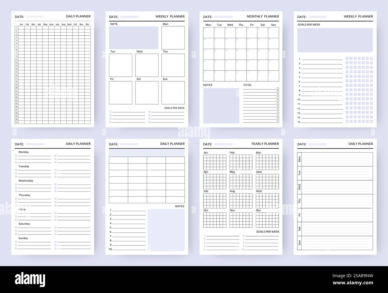 Organisator. Planer leere Seiten Mockup, Geschäftstagebuch und tägliche To-do-Liste. Ungefüllte Papierbögen zum Schreiben von Zielen für Woche und Monat. Erinnerungsvorlage mit Kopierraum. Vektorsatz für Planung. Organisator. Leere Seiten des Planers, Geschäftstagebuch und tägliche To-do-Liste. Papierbögen zum Schreiben von Zielen für Woche und Monat. Erinnerungsvorlage mit Kopierraum. Vektorsatz für Planung Stock Vektor
