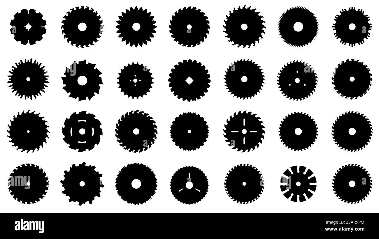 Silhouette des Kreissägeblatts. Schwarze Rundsäge schneidet Holzelemente, Drehklingen Zimmerei professionelle Ausrüstung für die Holzbearbeitung. Vektor-isolierter Satz der Silhouettendarstellung der Rundsäge. Silhouette des Kreissägeblatts. Schwarze Rundsäge schneidet Holzelemente, Drehklingen Zimmerei professionelle Ausrüstung für die Holzbearbeitung. Vektor-isolierter Satz Stock Vektor