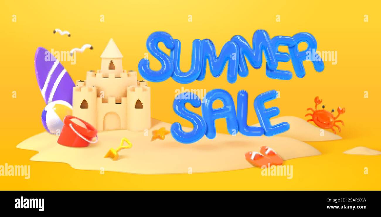 Banner für 3D-Sommerangebote. Illustration der Sandburg mit Strandobjekten und Ballontext des Sommerverkaufs auf gelbem Hintergrund. Banner für 3D-Sommerangebote Stock Vektor