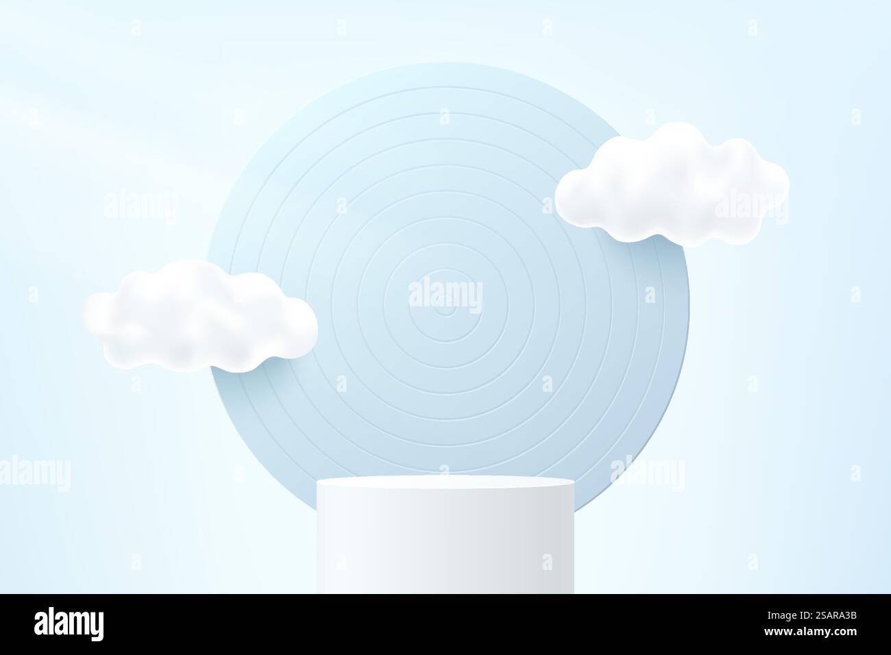 Abstraktes weißes 3D-Zylindersockel oder Podium mit kreisförmigem Hintergrund und weißen Wolken, die in den Himmel fliegen. Pastellblaue Minimalszene für die Produktpräsentation. Geometrische Vektor-Rendering-Plattform Stock Vektor