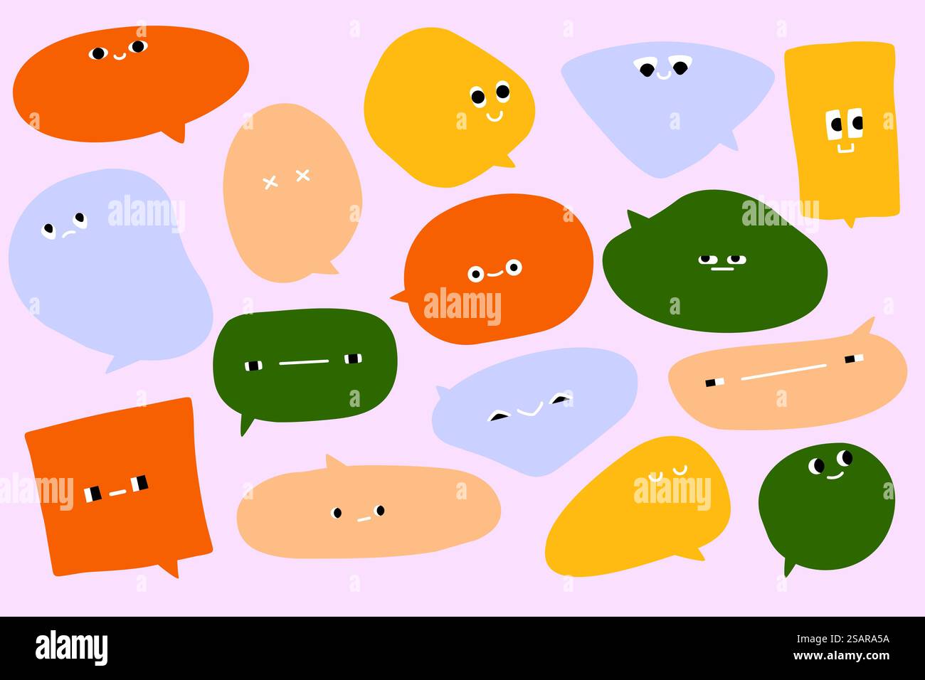 Chatblase mit Gesichtern. Kritzeln Sie Comic-Ikonen, Sprechballon Formen verschiedene Emotionen, moderne flache Aufkleber. Vektor-isolierte Reihe von Doodle-Sprache-Comic-Illustration. Chatblase mit Gesichtern. Kritzeln Sie Comic-Ikonen, Sprechballon Formen verschiedene Emotionen, moderne flache Aufkleber. Vektor-isolierter Satz Stock Vektor