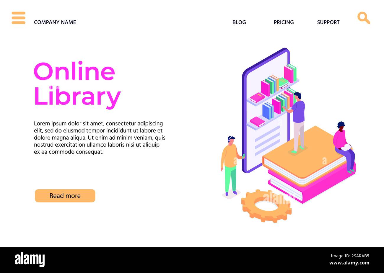 Web-Bibliothek Landing-Pages für Online-Schulungen. Mann, der ein Buch in einem Tablet wählt. Regale voller Lehrbücher, männlicher Charakter, der sich Hörgeschichten anhört. Fernstudium mit Technologien Vektorillustration. Web-Bibliothek Landing-Pages für Online-Schulungen. Mann, der ein Buch in einem Tablet wählt. Regale voller Lehrbücher, männlicher Charakter Stock Vektor