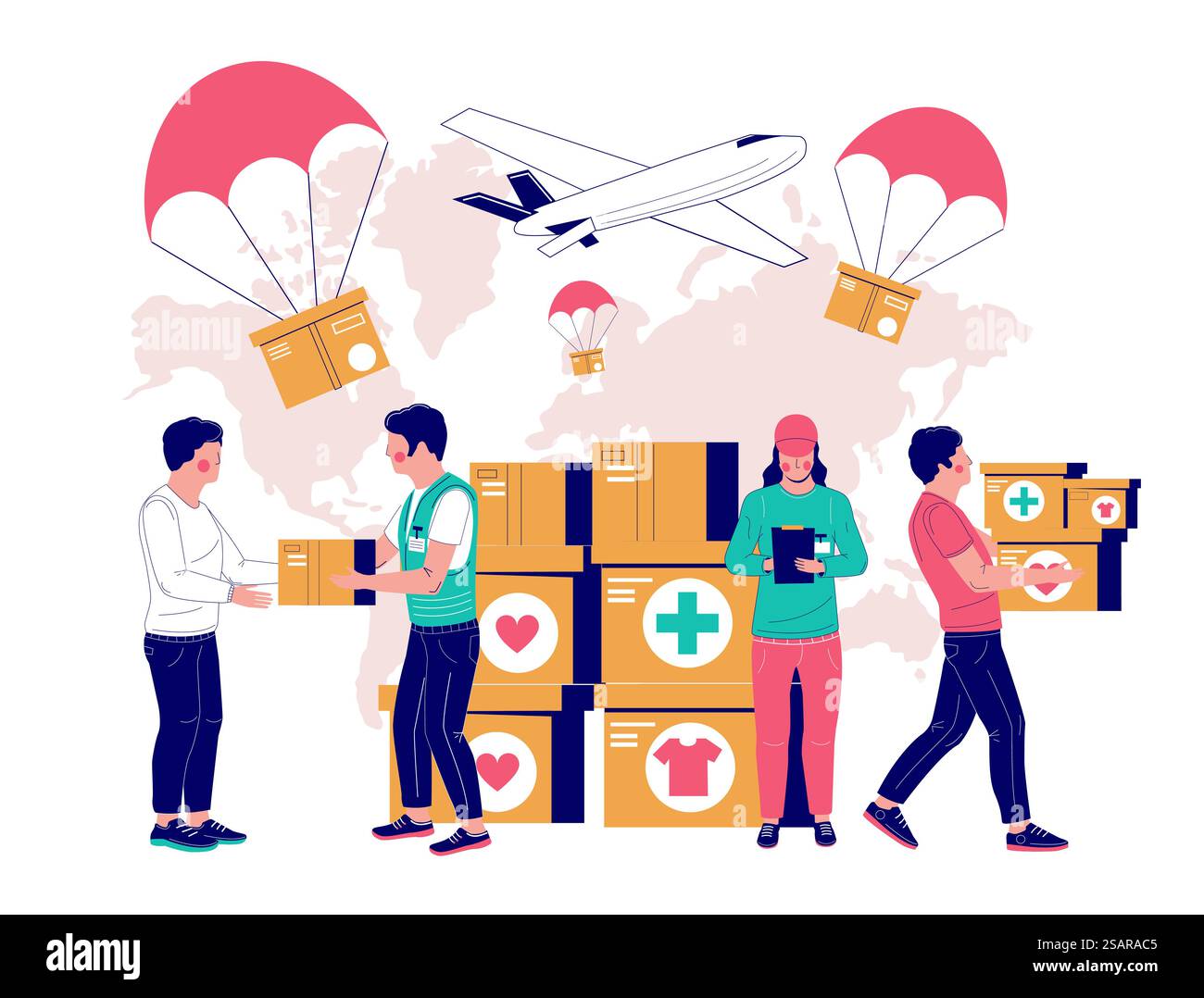 Freiwillige geben Spendenboxen an Bedürftige, Vektorflachillustratin. Medizinische Versorgung, Lebensmittel- und Bekleidungsspende. Konzept der humanitären Hilfe für Web-Banner, Website-Seite usw. Vektorkonzept für humanitäre Hilfe für Web-Banner, Website-Seite Stock Vektor