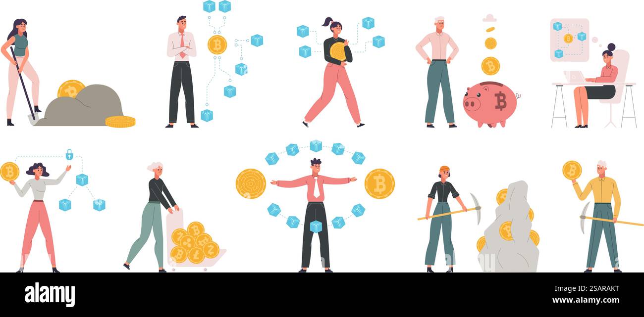 Blockchain-Datentechnologien, Menschen arbeiten mit der Blockchain-FIN-Tech-Industrie zusammen. Financiers und Geschäftsleute Mining Coins Vektor Illustration Set. High-Tech-Finanzbranche. Blockchain-Datentechnologien, Menschen arbeiten mit der Blockchain-FIN-Tech-Industrie zusammen. Finanziers und Geschäftsleute Mining Coins Vektor Illustration Stock Vektor