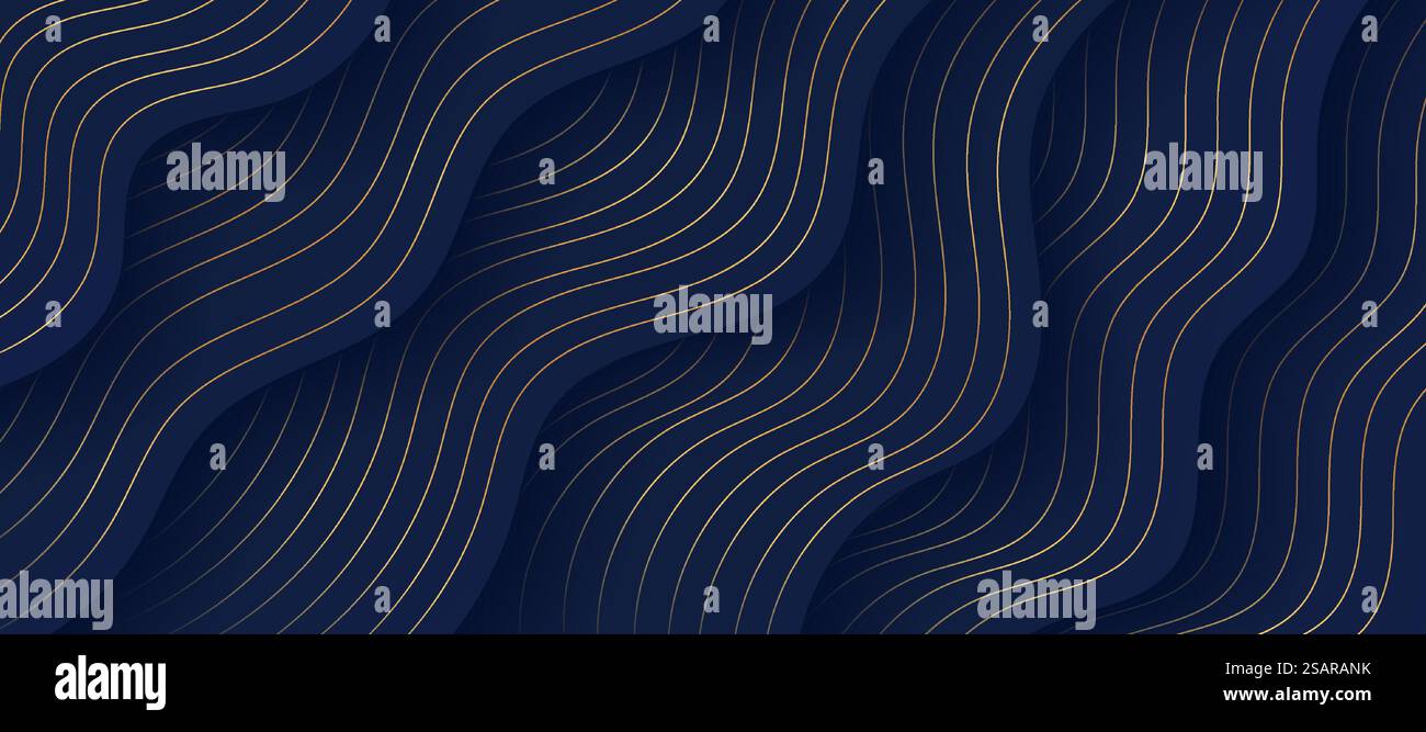 Abstrakte fließende wellenförmige Form auf dunkelmarineblauem Hintergrund, goldene Linien verzieren. Luxuriöses Design mit gewölbtem Lagenmuster. Sie können als Deckblatt-Broschürenvorlage, Poster, Bannerbahn oder Printanzeige verwenden. EPS10-Vektor Stock Vektor
