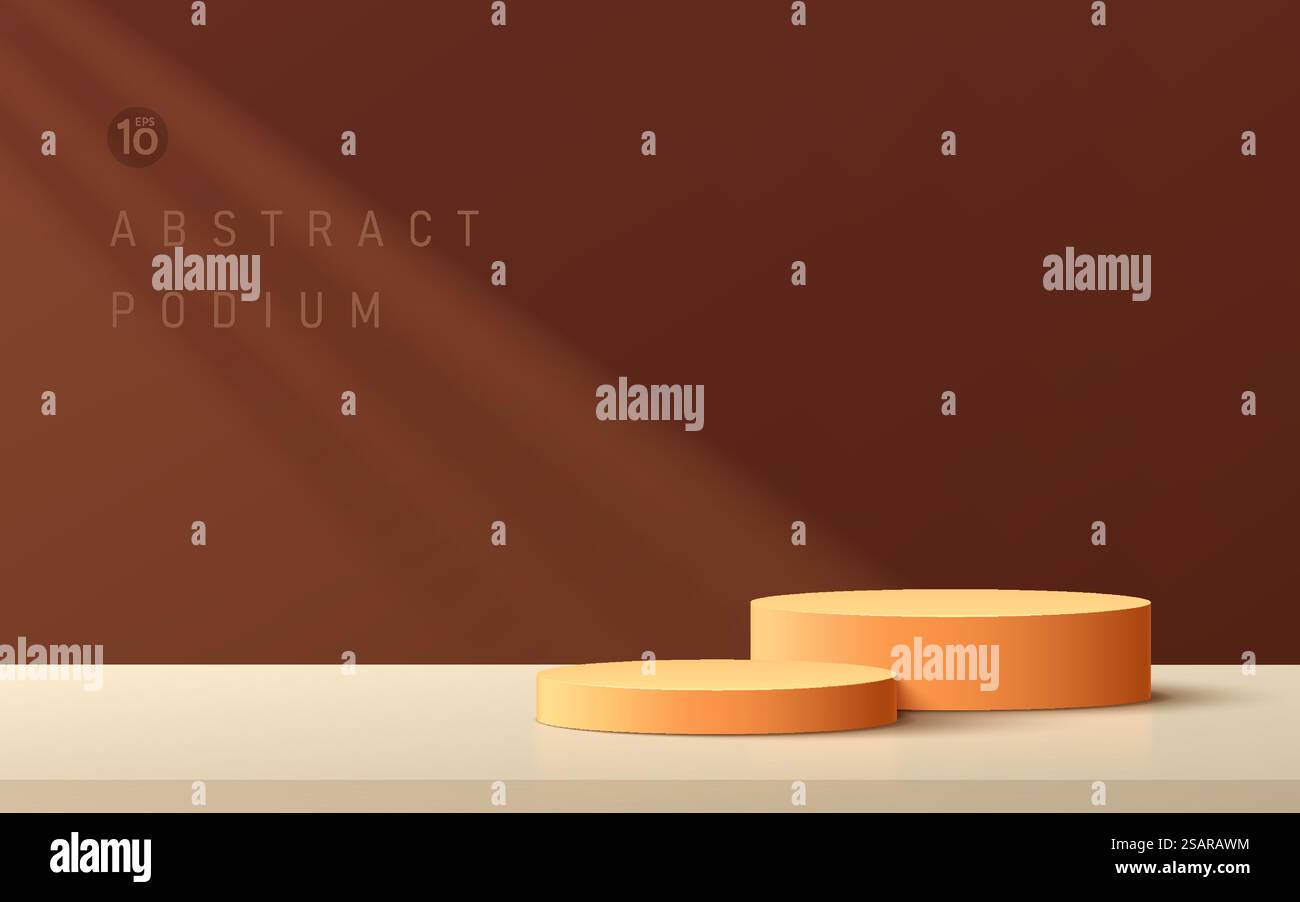 Abstraktes Podium mit dunkelorangefarbenem Zylinder. Fensterbeleuchtung. Braun- und Beigefarben minimaler Wandmotiv. Geometrischer Sockel mit Schatten. Vektor-Rendering der 3D-Form für Produktpräsentation. Stock Vektor