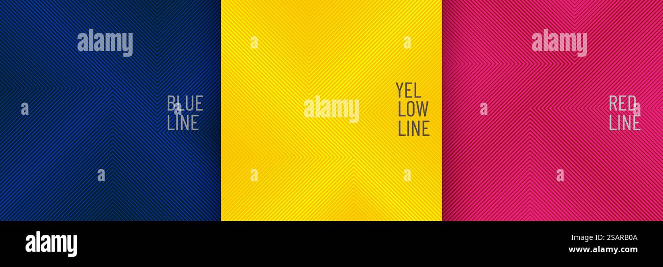 Satz abstrakter Linienstreifen geometrisches quadratisches Muster auf blauem, gelbem, rosa rotem Hintergrund. Schlichtes, flaches Design mit futuristischem Design in lebendigen Farben. Vektorabbildung Stock Vektor