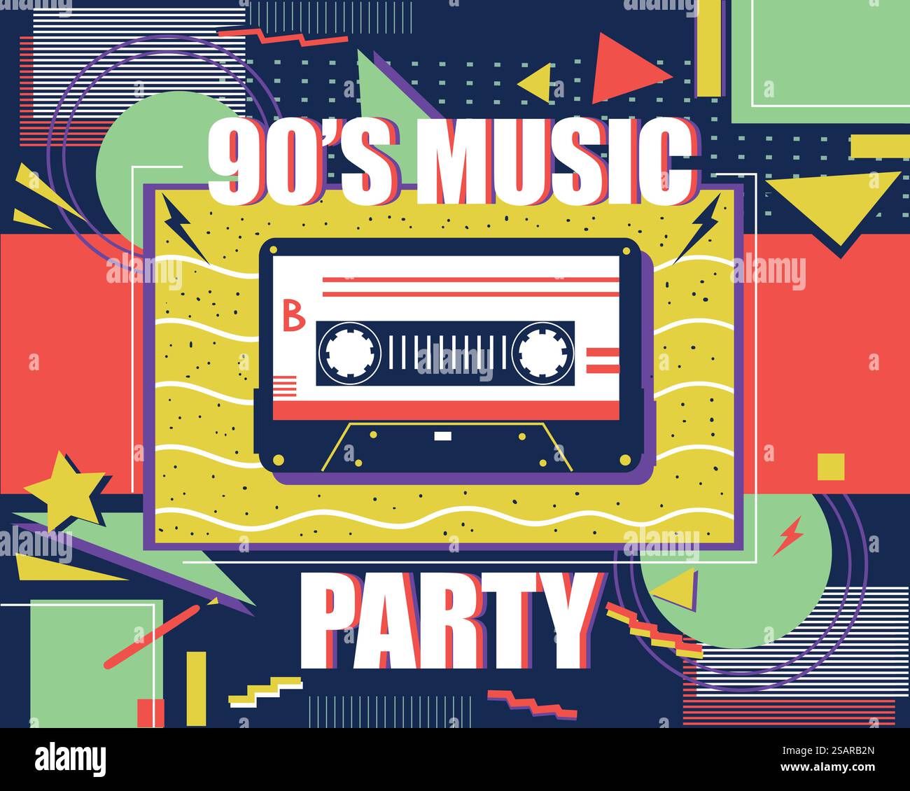 Retro-Poster mit Kassette. Musik der 90er Jahre. Abstraktes Pop-Art-Banner. Farbenfroher Hintergrund mit flachen geometrischen Formen und Sternen oder Blitzen. Audio-Aufzeichnungstools. Altmodischer musikalischer Geschmack, Vektor-Illustration. Retro-Poster mit Kassette. Musik der 90er Jahre. Abstraktes Pop-Art-Banner. Farbenfroher Hintergrund mit geometrischen Formen und Sternen oder Blitzen. Audioaufzeichnung. Altmodischer musikalischer Geschmack, Vektor-Illustration Stock Vektor