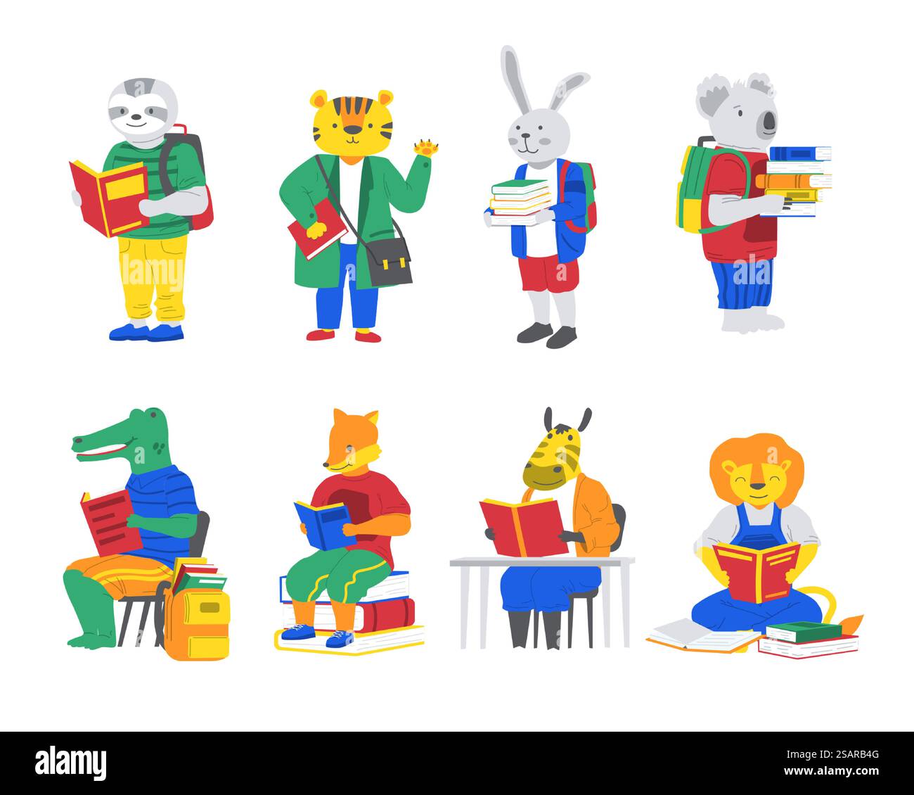 Tiere mit Büchern. Comicfiguren gehen zurück in die Schule. Niedliches Krokodil und Fuchs lesen. Lustige Koalas oder Kaninchen tragen Stapel von Lehrbüchern. Tiger- und Löwenstudie. Fröhliche Kreaturen Set. Vektorausbildung. Tiere mit Büchern. Comicfiguren gehen zurück in die Schule. Krokodil und Fuchs lesen. Koala oder Kaninchen tragen Stapel von Lehrbüchern. Tiger- und Löwenstudie. Fröhliche Kreaturen Set. Vektorausbildung Stock Vektor