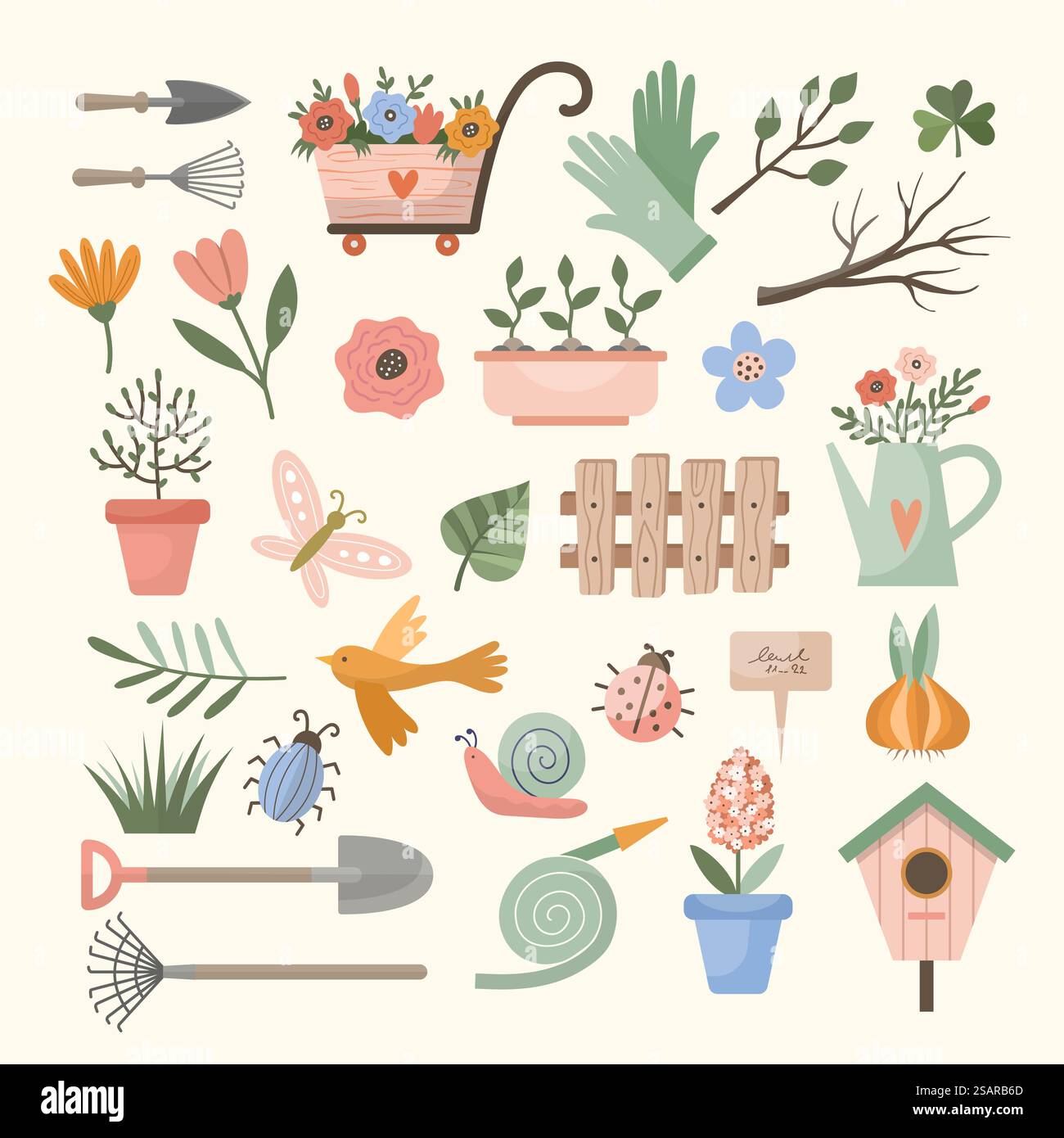 Dekorative Federelemente. Gartenarbeit Werkzeuge Büsche Blätter Pflanzen Zweige Vögel Blumen Tiere neue Vektor flache Illustration für Frühling Zeit. Geräte für Garten, Gartenbau. Dekorative Federelemente. Gartenarbeit Werkzeuge Büsche Blätter Pflanzen Zweige Vögel Blumen Tiere neue Vektor flache Illustration für Frühling Zeit Stock Vektor