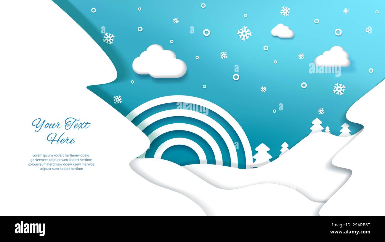 Weihnachtsschneeflocken mit Wolken. PaperCut Hintergrund mit Begrüßungstext. Vektorabbildung. Freier Vektor Stock Vektor