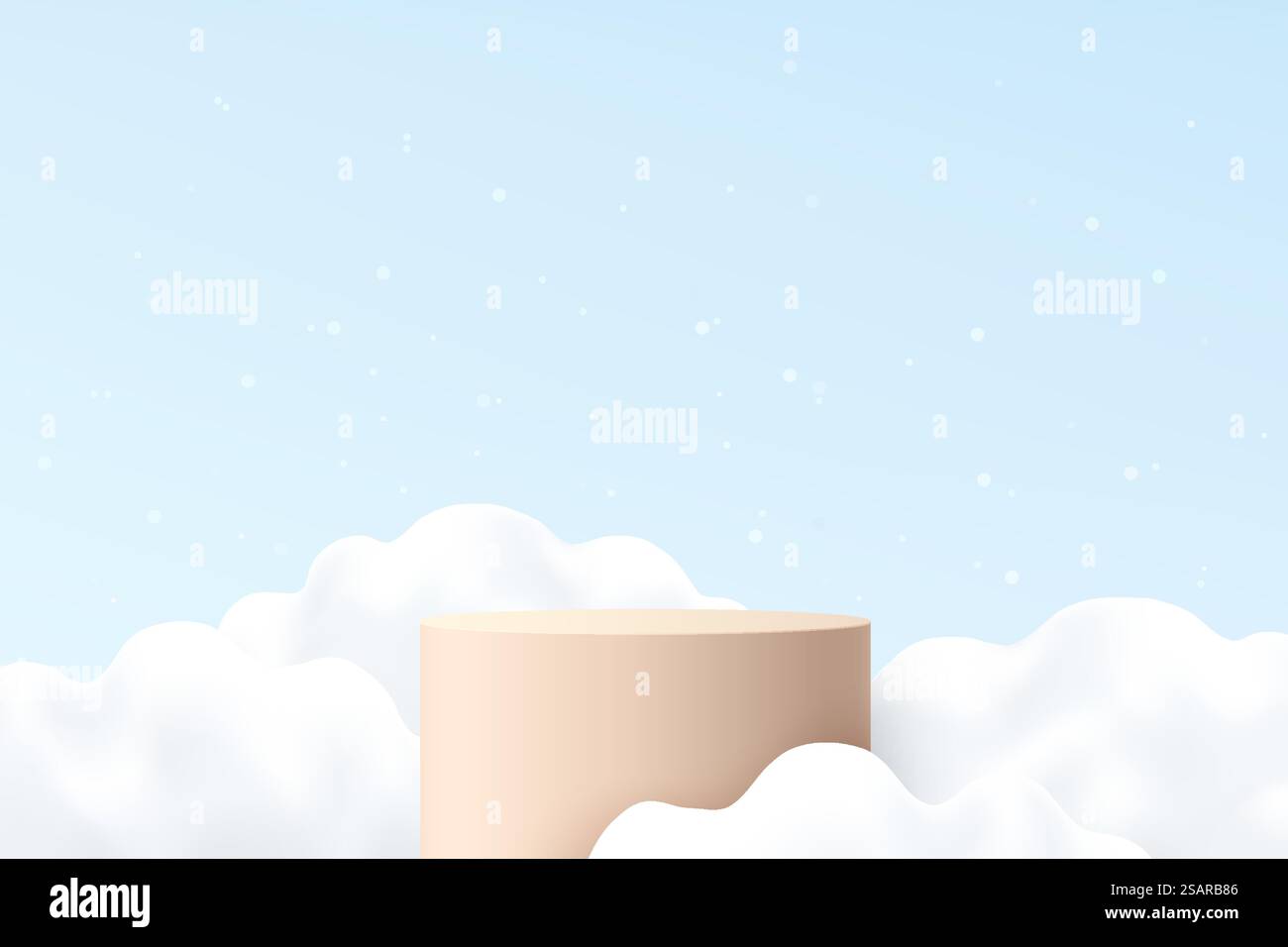 Abstrakter hellblauer 3D-Raum mit realistischem Zylinderständer oder Podium und weißem Wolkenhimmel. Minimale Wandszene für Produktpräsentationen. Geometrische Vektorplattform. Bühnenpräsentation. Stock Vektor