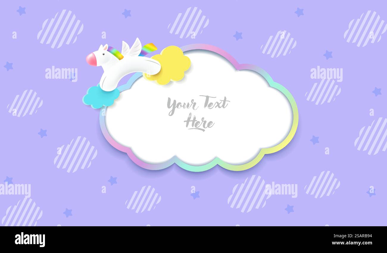 Einhorn nahtlos mit vielen Wolken und Regenbögen mit violettem Hintergrund. Stock Vektor