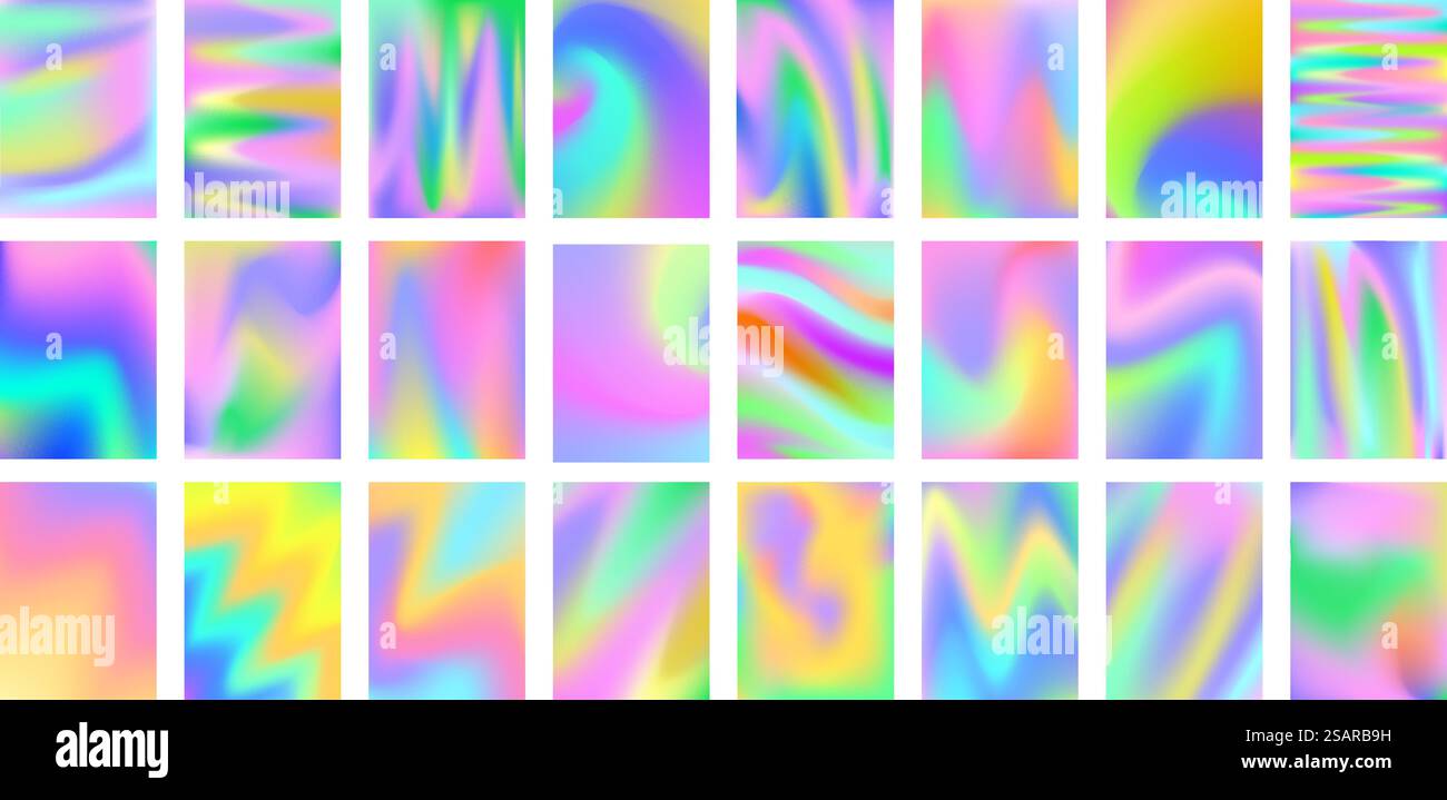 Holographische Hintergründe. Holo-Verlaufsgitter, schillernde Perlenfarben und glatte surreale Hintergründe Vektor-Set. Abstrakte Kollektion in Pastellfarben und Neonfarben, farbenfrohe Texturillustration. Holographische Hintergründe. Holo-Verlaufsgitter, schillernde Perlenfarben und glatte surreale Hintergründe Vektor-Set Stock Vektor