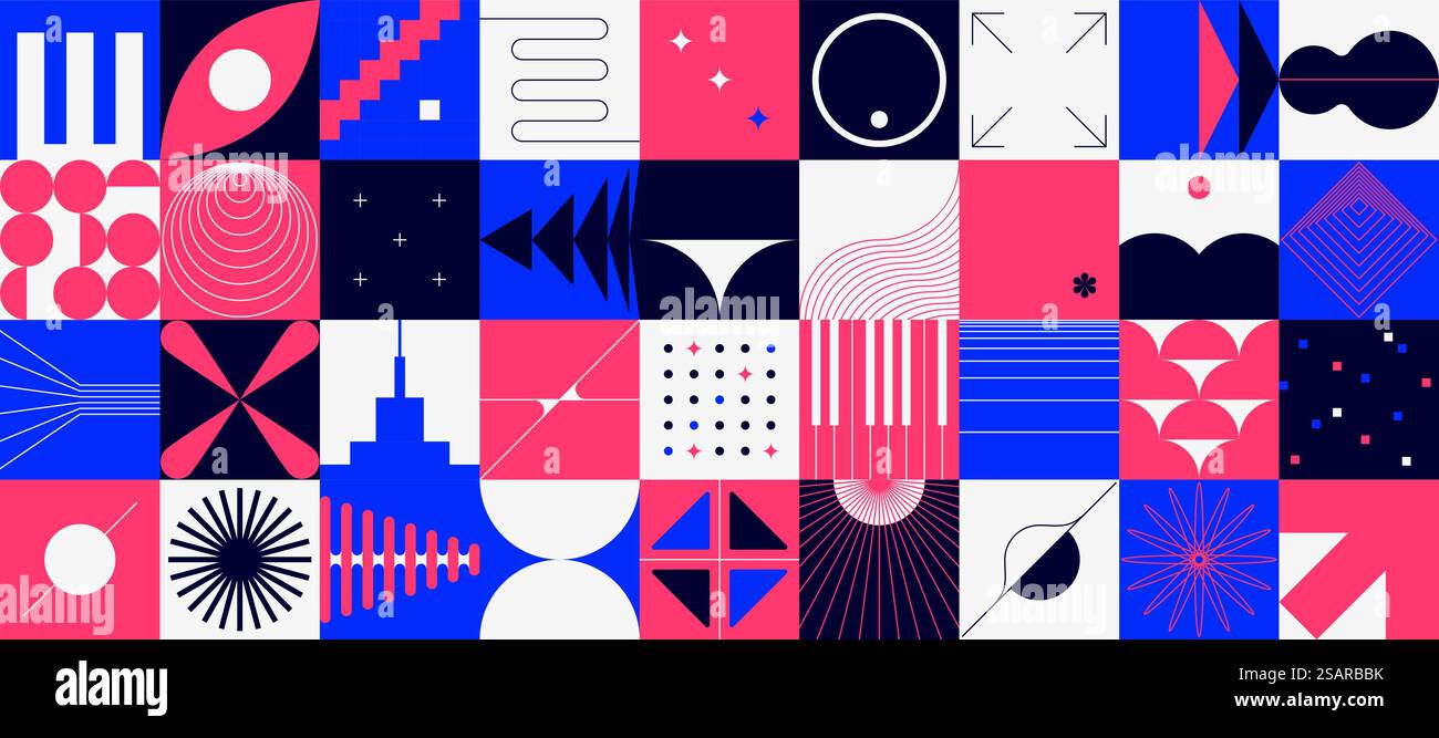Brutalismus Formen. Abstrakter farbenfroher minimaler Hintergrund. Die Zusammensetzung der roten und blauen geometrischen Figuren in Quadraten. Dekorative Moderne-Designelemente. Vektor flache einfache Formen oder konzentrische Kreise. Brutalismus Formen. Abstrakter minimaler Hintergrund. Die Zusammensetzung der roten und blauen geometrischen Figuren in Quadraten. Dekorative Moderne-Designelemente. Vektorflache Formen oder konzentrische Kreise Stock Vektor