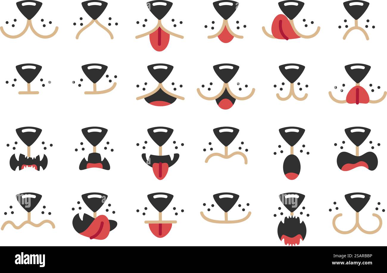 Hunde Mund. Nette Haustier Gesichtsausdrücke, glückliche Tiermaske und Gesicht Farbe Hund Elemente Cartoon Vektor Set. Lustiger Charakter mit verschiedenen Emotionen, traurig, verängstigt und überrascht, isolierte Sammlung. Hunde Mund. Nette Haustier Gesichtsausdrücke, glückliche Tiermaske und Gesicht Farbe Hund Elemente Cartoon Vektor Set Stock Vektor