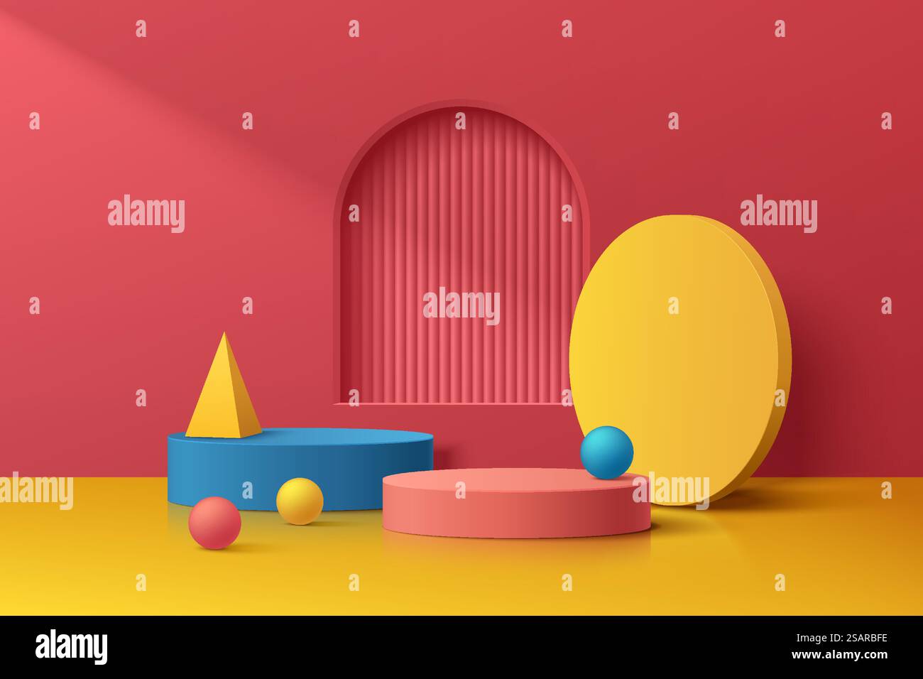 Abstrakter 3D-Raum mit realistischem geometrischem Podest in Blau, Gelb und Rot und Bogenfenster. Minimale Szene für Produktpräsentationen. Geometrische Plattformkonstruktion des Vektors. Bühnenpräsentation. Stock Vektor Abstrakter 3D-Raum mit realistischem geometrischem Podest in Blau, Gelb und Rot und Bogenfenster. Minimale Szene für Produktpräsentationen. Geometrische Plattformkonstruktion des Vektors. Bühnenpräsentation. Stock Vektor