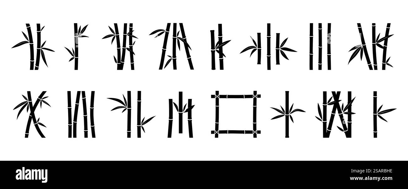 Bambussymbol. Logo des tropischen Dschungelwaldes mit Baumstamm und Blättern. Schwarze Silhouetten japanischer Dekorationselemente. Isolierte natürliche Verzweigungen. Konturrahmen und Rahmen. Vektorpflanzensymbole. Bambussymbol. Logo des tropischen Dschungelwaldes mit Baumstamm und Blättern. Silhouetten japanischer Dekorationselemente. Natürliche Verzweigungen festgelegt. Konturrahmen und Rahmen. Vektorpflanzensymbole Stock Vektor