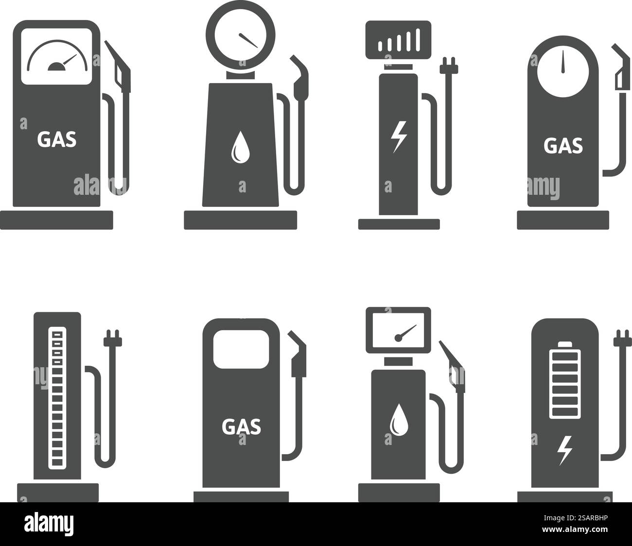 Symbole für die Tankstelle. Symbol-Vektorsatz für Gas- und Benzinpumpe, Ladegerät für Elektrofahrzeuge und Nachfüllen von Kraftstoff. Silhouette von Ladegeräten für Erdöl- und Elektrobatterien. Symbole für die Tankstelle. Symbol-Vektorsatz für Gas- und Benzinpumpe, Ladegerät für Elektrofahrzeuge und Nachfüllen von Kraftstoff Stock Vektor