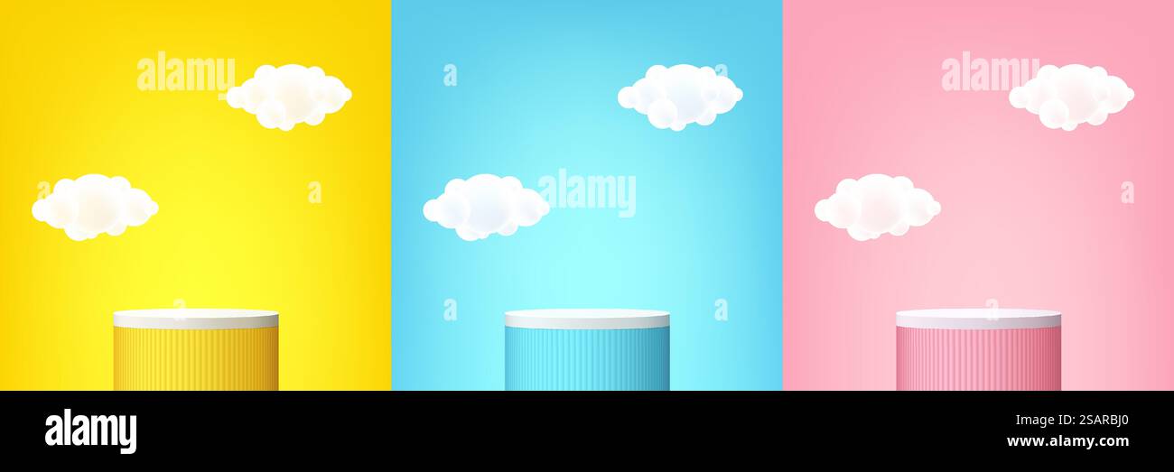 Set aus realistischem 3D-Zylinder-Podium in Gelb, Blau und Pink mit weißen Wolken. Abstrakter Vektor, der geometrische Formen wiedergibt. Pastell Minimal Szene. Bühne für Showcase, Modellpräsentation von Produkten. Stock Vektor