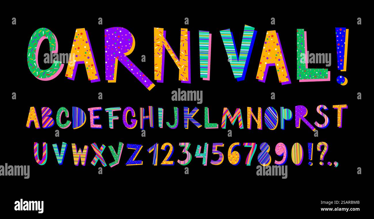 Lustiger mexikanischer Typ. Fiesta Party Schriftart, Mexiko und Lateinamerika Schriftzeichen Buchstaben und Zahlen mit farbigen Ornamenten Vektor Set. Helles abc für Bildung, festliches Alphabet mit lebendigen Zeichen. Lustiger mexikanischer Typ. Fiesta Party Schriftart, Mexiko und Lateinamerika Schriftzeichen Buchstaben und Zahlen mit farbigen Ornamenten Vektor Set Stock Vektor