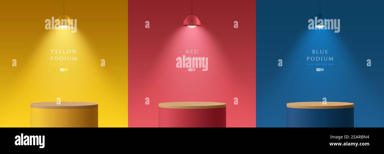 Set aus gelbem, dunkelblauem, rotem und hölzernem 3D-Zylinder-Podium in abstrakten Räumen mit aufgehängten Neonlampen. Bühnenpräsentation, Produktpräsentation. Vektor, der geometrische Formen wiedergibt. Minimale Szene. Stock Vektor