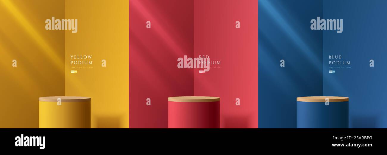 Set aus gelbem, dunkelblauem, rotem und hölzernem 3D-Zylinder-Podium in abstrakten Räumen mit Fensterbeleuchtung. Bühne für Showcase, Produktanzeige. Vektor, der geometrische Formen wiedergibt. Minimale Szene. Stock Vektor