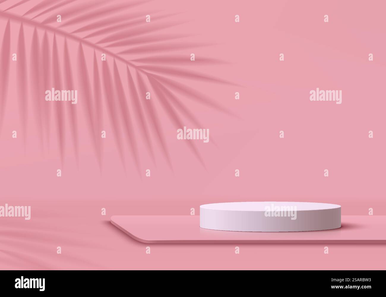 Abstrakter rosafarbener 3D-Raumhintergrund mit realistischem weißem Zylinderpodest, Palmblattschattenüberlagerung. Minimale Wandszene für Modellproduktanzeige. Geometrische Formen. Showcase auf der Sommerbühne. Stock Vektor