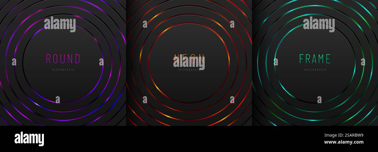 Satz von schwarzem Radialkreis-Muster auf leuchtend rotem, blauem, grünem neonfarbenen Hintergrund im Technologiestil. Modernes futuristisches, rundes Design. Sie können sie für Deckblattschablone, Poster verwenden. Stock Vektor