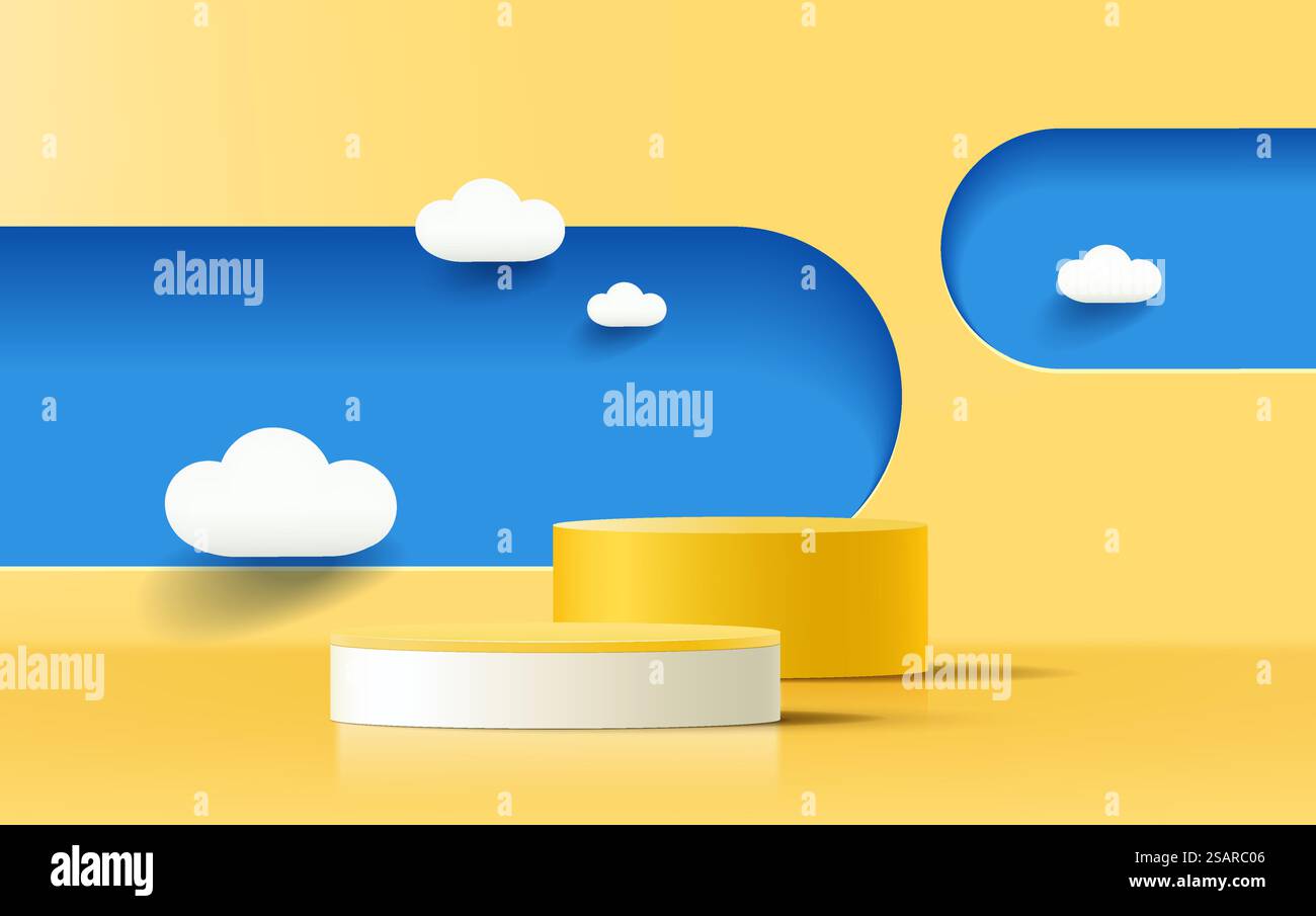 Modernes gelbes Zylinderpodest im Schatten. Abstrakte Szene mit minimaler Wand. Geometrischer Hintergrund mit Wolke. Darstellung der 3D-Produktdarstellung für Vektordarstellung. Stock Vektor