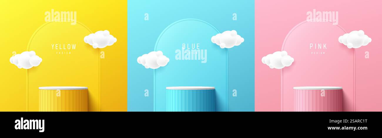 Set aus gelbem, blauem, rosafarbenem, weißem, realistischem 3D-Zylinderständer mit Bogenform und weißem Wolkenhintergrund. Abstrakte geometrische Vektorformen. Minimale Szene. Bühnenpräsentation, Modellvorstellung Produktpräsentation. Stock Vektor