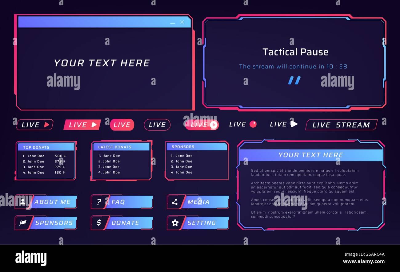 Live-Streaming-Schnittstelle. UI-Frames für Videokonferenzen. Isolierte Schaltflächen und Liste der Sponsoren. Technischer Pausenbildschirm. Multimedia-Player. Leere Ränder mit Kopierraum. Satz digitaler Vektorelemente. Live-Streaming-Schnittstelle. UI-Frames für Videokonferenzen. Schaltflächen und Liste der Sponsoren. Technischer Pausenbildschirm. Multimedia-Player. Leere Ränder mit Kopierraum. Vektorelemente festgelegt Stock Vektor