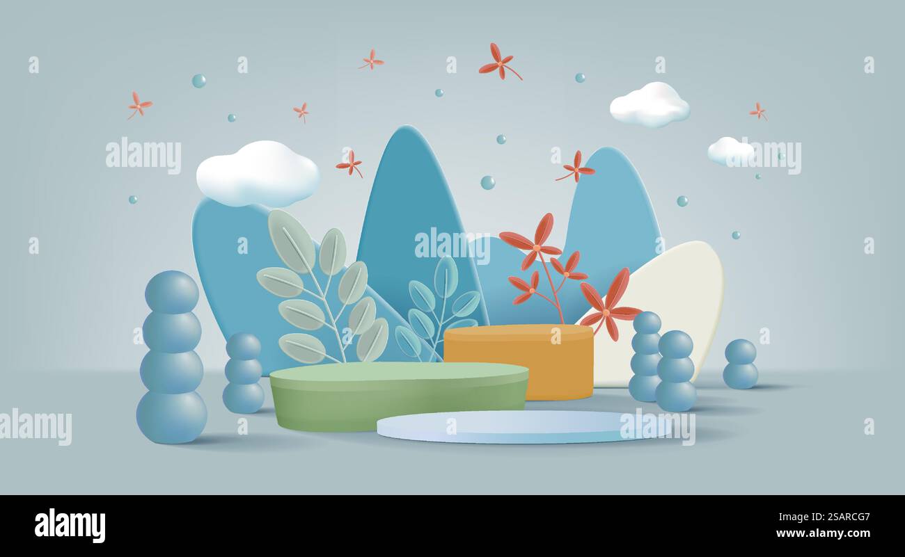 Hintergrund-Produktszene der Saison mit Bäumen und Wolken. Leuchtende Lichter und Podium. Vektorabbildung Stock Vektor