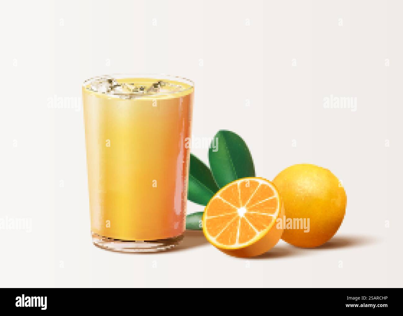 Eiskalter Orangensaft im Trinkglas mit frischen Orangen in 3D-Illustration. Isoliert auf beigefarbenem Hintergrund. Frischer Orangensaft mit Obst Stock Vektor