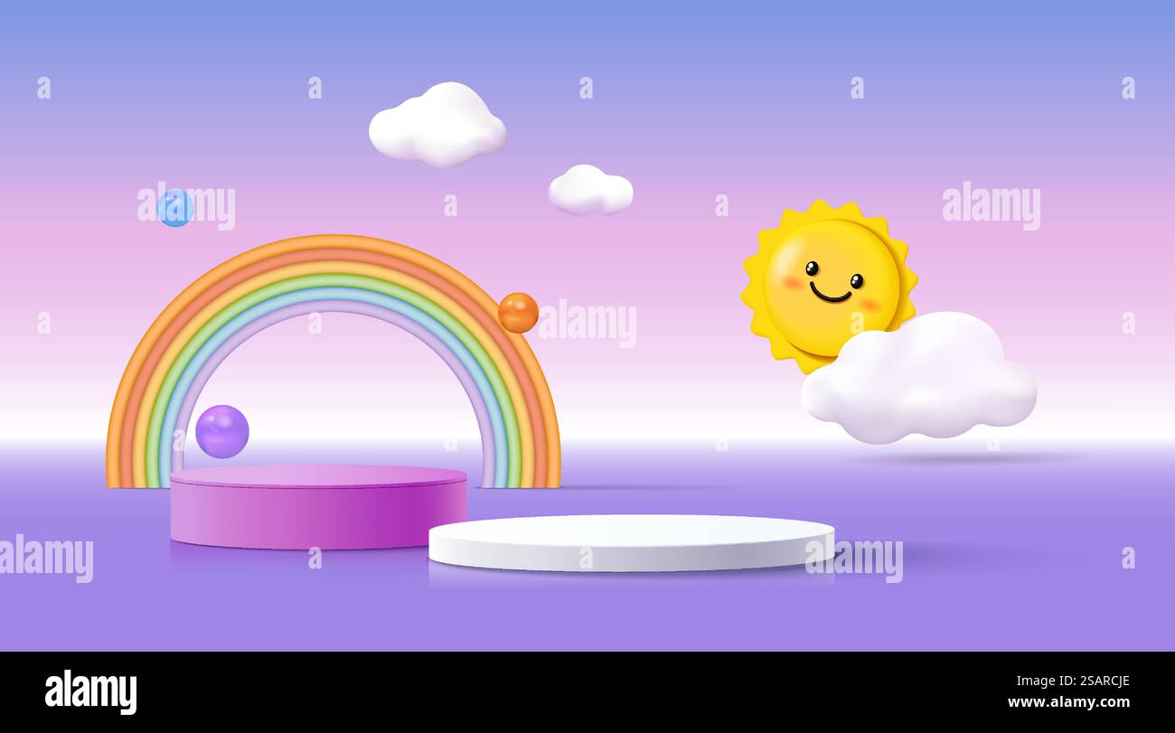 3D-Podium auf farbenfrohem Hintergrund mit Wolken und niedlichem Regenbogen, Produktpräsentation für Kinder. Stock Vektor