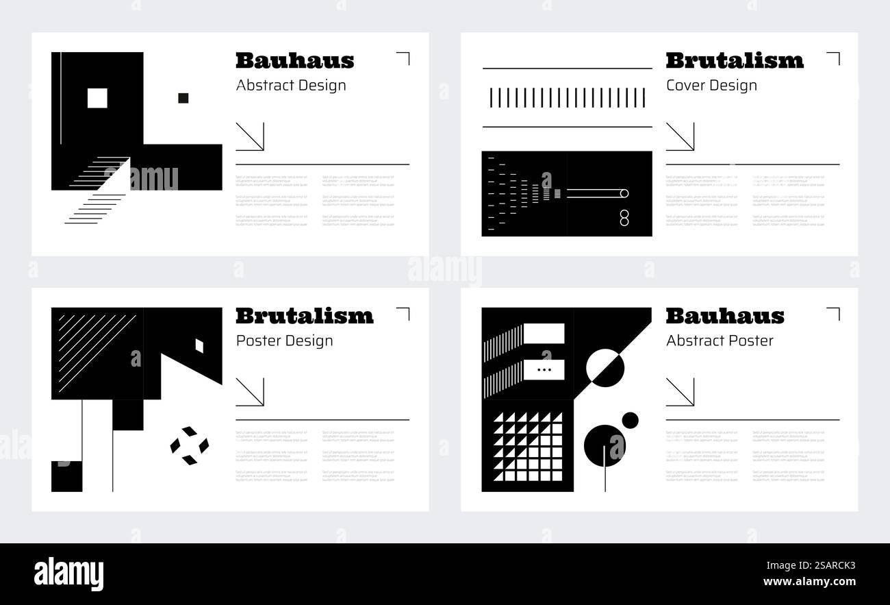 Brutalismus-Poster-Layout. Abstrakte geometrische Brutalismusformen für geschäftliche Präsentationsseiten. Broschüren-Deckblätter. Minimalistisches Schwarz-weiß-Bannerdesign mit Kopierraum und Vektorset. Brutalismus-Poster-Layout. Abstrakte geometrische Brutalismusformen für die Geschäftspräsentation. Broschürenumschlag. Minimalistisches Schwarz-weiß-Bannerdesign mit Kopierraum und Vektorset Stock Vektor