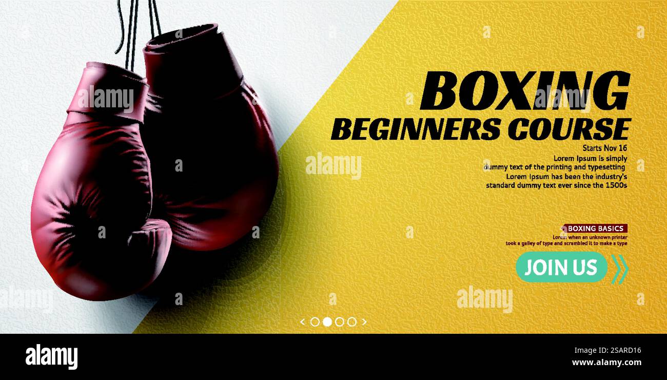 Boxhandschuhe hängen in der Luft auf gelbem Banner, 3D-Illustration. Banner für Boxhandschuhe Stock Vektor