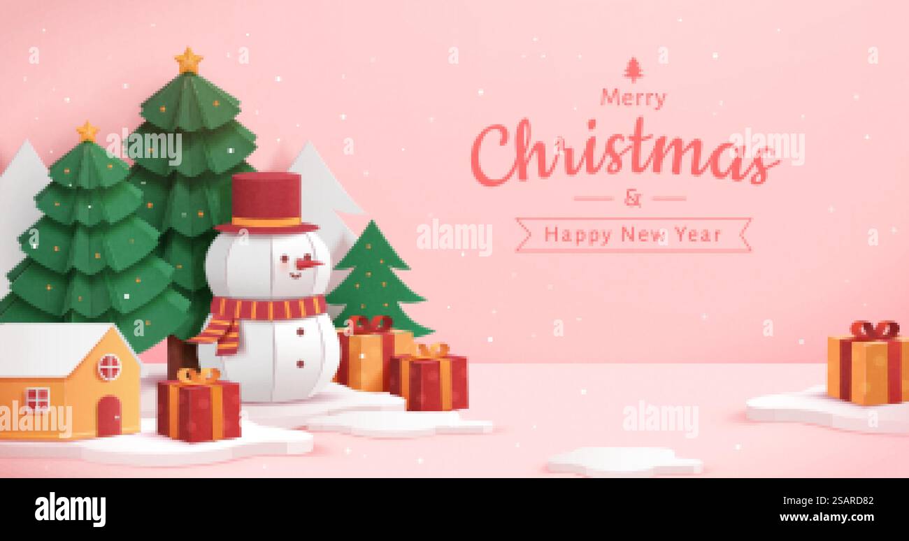 Papierschnitt-Illustration mit rosafarbenem Weihnachtskartendesign. Schneemann mit Geschenkboxen, Weihnachtsbäume am Haus auf einem schneebedeckten rosa Hintergrund. Rosafarbenes Karteidesign Stock Vektor