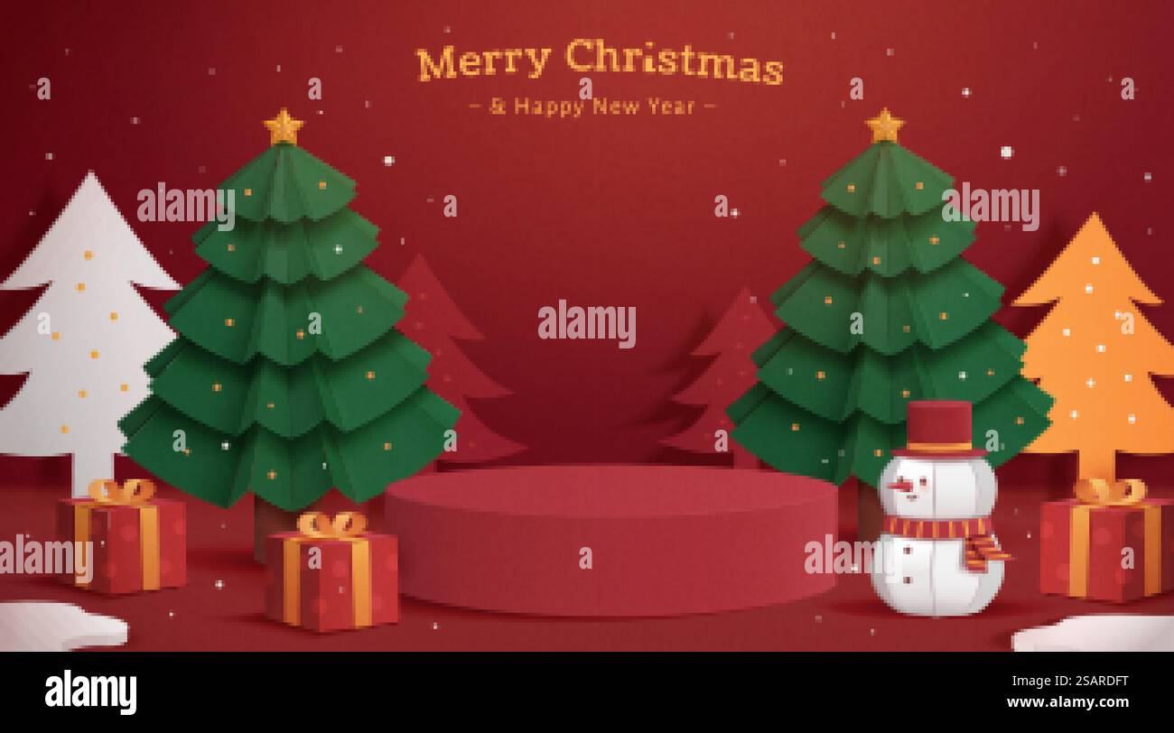 Illustration der roten Bühne im Papierschnitt auf XAMS-Hintergrund. Eine zylindrische Bühne mit Geschenken, Schneemann und Weihnachtsbäumen auf dunkelrotem Hintergrund. Rote Stufe auf XAMS-Hintergrund Stock Vektor