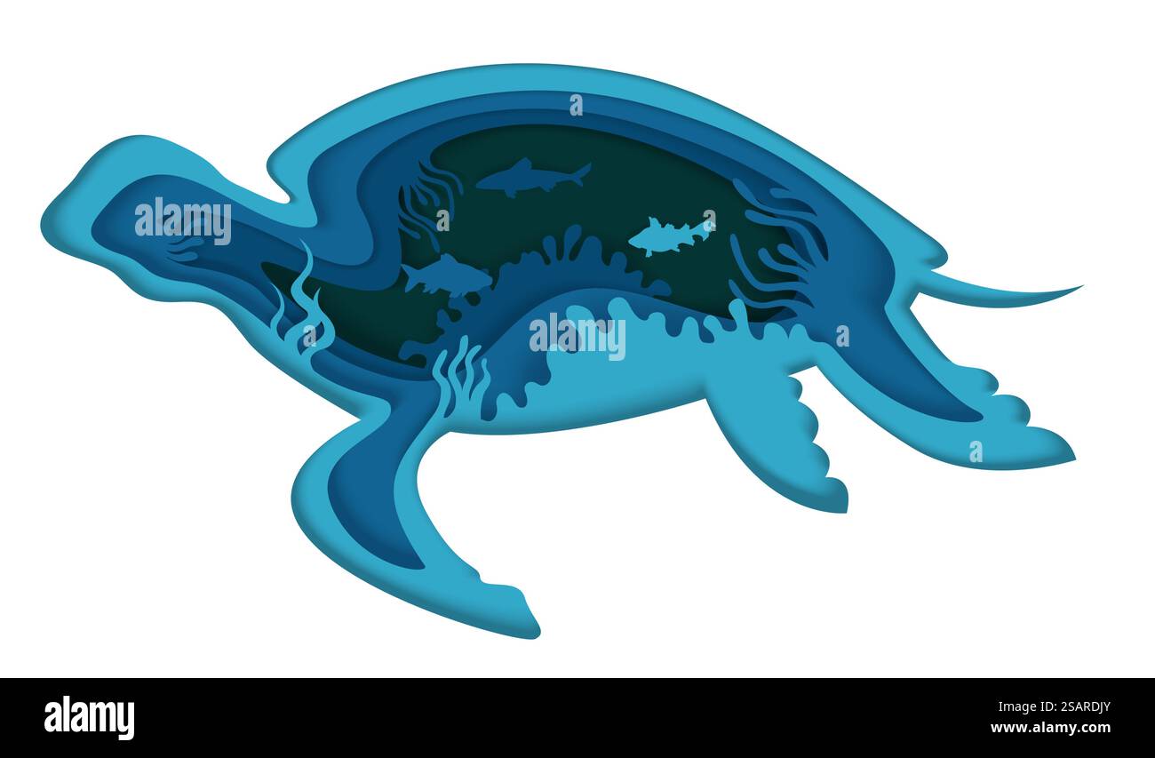 Doppelt belichtete Vektor-Layered Papier geschnitten große Schildkröte Silhouette und Unterwasserhöhle mit Korallenriff, Fisch. Schöne trendige Marine Komposition für Karte, Poster, Banner, Website-Seite usw. Doppelt belichtete Vektor-Schicht Papier geschnitten Schildkröte Stock Vektor