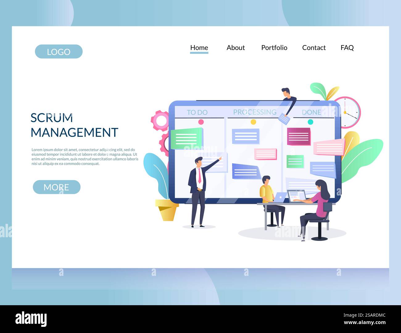 Scrum Management Vector Website-Vorlage, Webseite und Landing-Page-Design für Website- und mobile Website-Entwicklung. Scrum Methodenkonzept mit kleinen Programmierern, die Karten auf große Tafel verschieben. Scrum Management Vector Website Landing-Page Design-Vorlage Stock Vektor