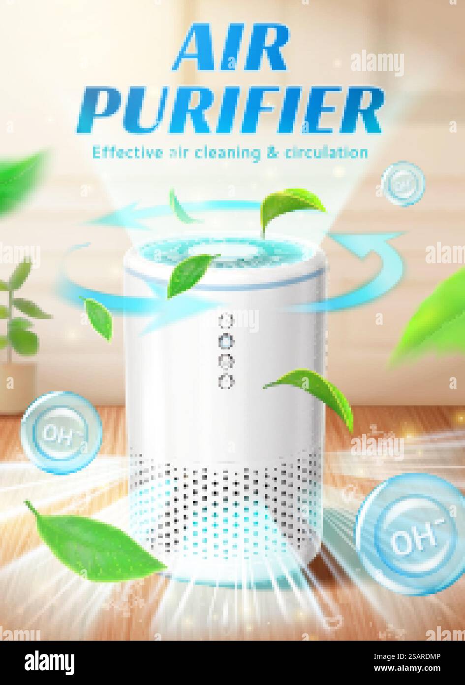 3D-Heim-Luftreiniger Anzeige. Frische Luft mit Blättern, die aus der 3D-Luftreinigungsmaschine in Innenräumen strömen. Anzeige für Haushaltsluftreiniger Stock Vektor