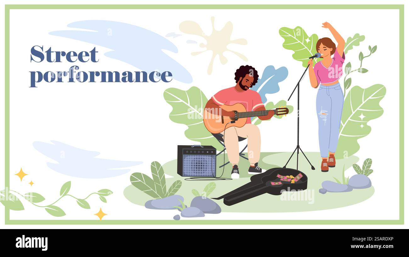 Straßenaufführung einer akustischen Musikband, die singt und unterhaltsame künstlerische Show, die Spendengelder aus einer anerkennenden Landing-Page-Design-Vorlage für das Publikum verdient. Straßenaufführung der Landing-Page der akustischen Musikband Stock Vektor