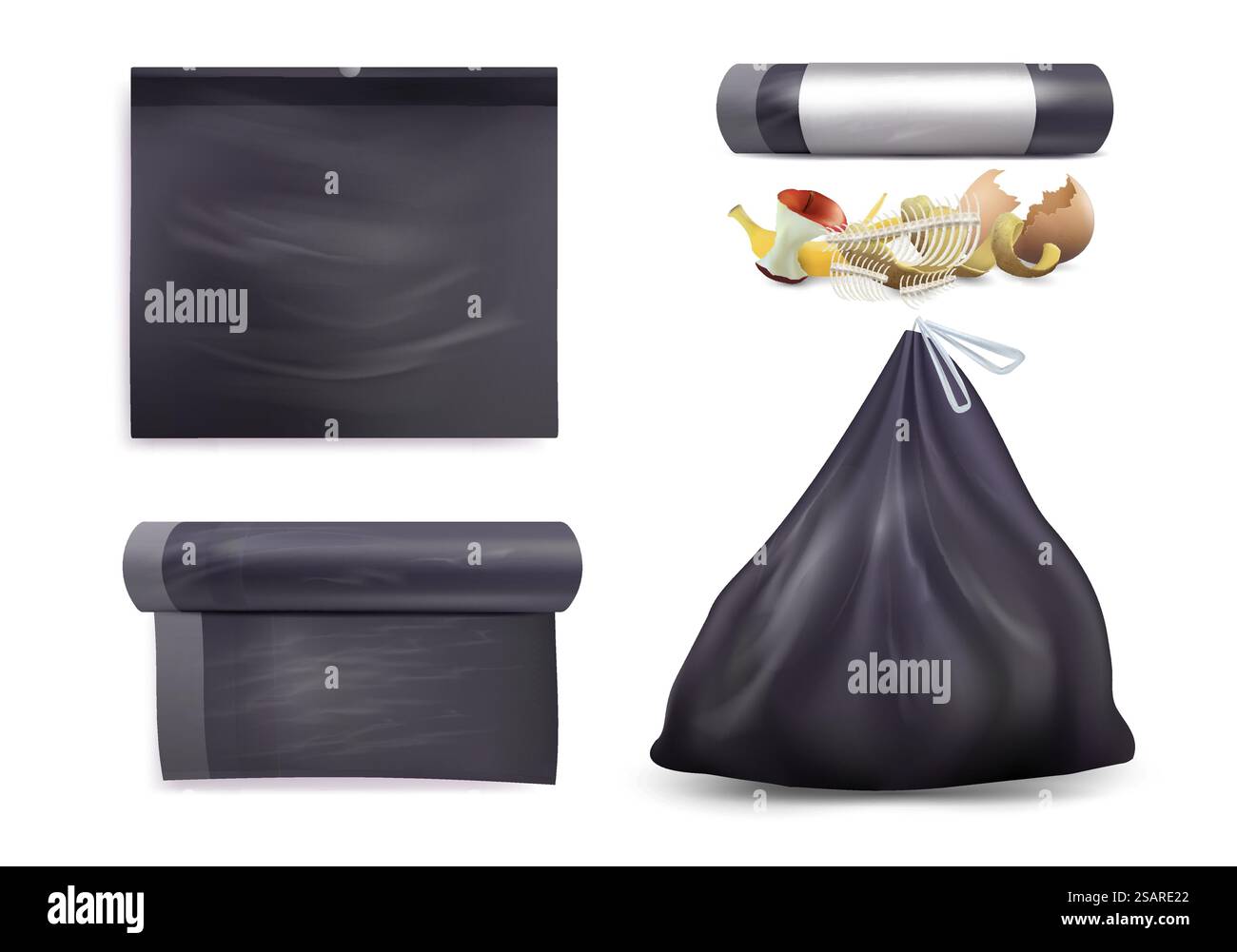 Schwarzer Müllbeutel Mockup Set, Vektorillustration isoliert auf weißem Hintergrund. Realistische Rolle, leer und voll mit Plastiktüten. Küche Lebensmittel Abfallbeutel, Müllbeutel... Schwarzer Müllbeutel Mockup Set, Vektor isolierte Illustration. Küchenabfallsäcke, Müllbeutel. Stock Vektor